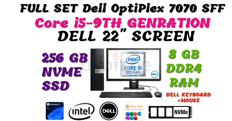 جيل تاسع، مجموعة كاملة من Dell OptiPlex 7070 SFF مع شاشة LED مقاس 22 بوصة من DELL - معالج Core i5-9500، ذاكرة وصول عشوائي بسعة 8 جيجابايت، وسعة تخزين 256 جيجابايت من نوع NVMe SSD632660835663381127