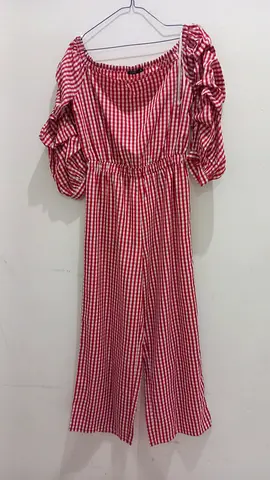 Red and white open chest overalls, size 110