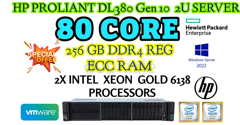 80 نواة + 256 جيجابايت رام خادم HP ProLiant DL380 Gen10 بحجم 2U مع 16 قرصًا بحجم صغير - معالجان Intel Xeon Gold - 1 تيرابايت SSD + 7.2 تيرابايت HDD632660814088981118