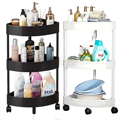 3-TIER CORNER STORAGE RACK WITH ROTATABLE WHEELS – DURABLE AND RUST-RESISTANT ORGANIZER .