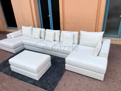 Marina Home Feather filled U__ shape Sofa beige with footstool