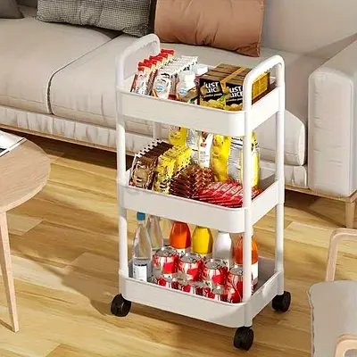 3 TIER UTILITY ROLLING CART, MULTIFUNCTIONAL ROLLING STORAGE TROLLEY, SLIM SHAPE STORAGE CART, WHITE