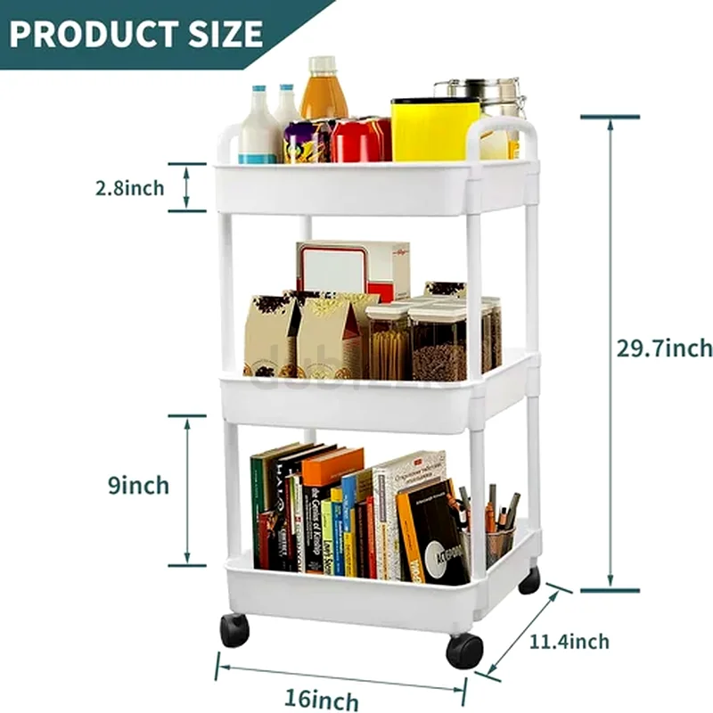3 TIER UTILITY ROLLING CART, MULTIFUNCTIONAL ROLLING STORAGE TROLLEY, SLIM SHAPE STORAGE CART, WHITE63218802345603111