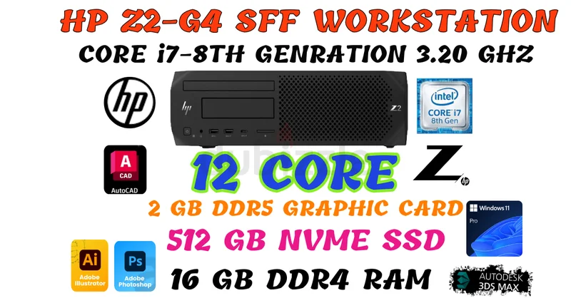 12 نواة HP Z2-G4 جهاز كمبيوتر صغير بمواصفات عالية - 12 خيط - معالج Core i7-8700 - ذاكرة وصول عشوائي DDR4 سعة 16 جيجابايت - قرص SSD NVME سعة 512 جيجابايت - رسوميات 2 جيجابايت62931666086913116