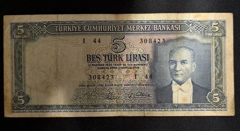 1952 Turkey 5 Lira Banknote Collector632660857408011117