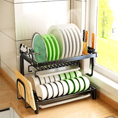 2 LAYER KITCHEN DISH RACK WITH UTENSIL AND CUTTING BOARD HOLDER, STAINLESS STEEL DISH RACK .
