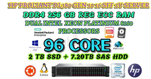 256GB RAM-96 CORE-HP PROLIANT DL380 GEN10-2 INTEL XEON PLATINIUM 8160-2TBSSD+7.20TB SAS HDD-16 SFF