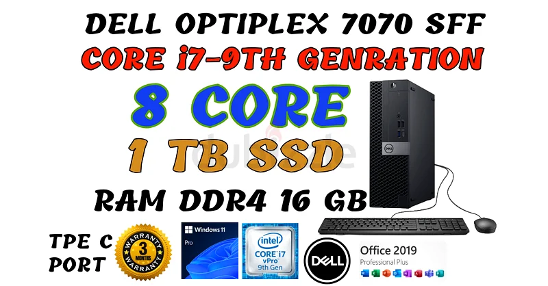 الجيل التاسع من معالج Intel Core i7، جهاز Dell OptiPlex 7070 بحجم صغير - سعة تخزين 1 تيرابايت SSD - ذاكرة وصول عشوائي 16 جيجابايت - نظام التشغيل ويندوز 11 برو62931666081154115