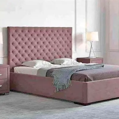 Rosy Plum Velvet Bed with Plush Tufted Upholstery