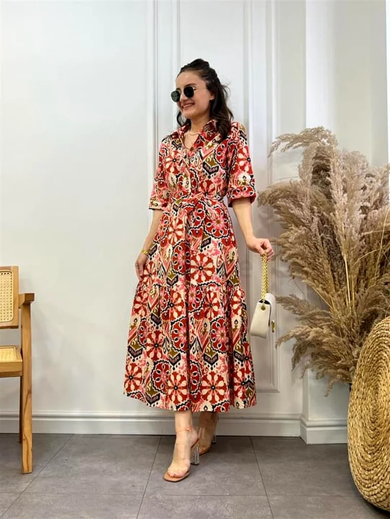 Zara Ikat Print Midi Dress in Pink63240125262851113