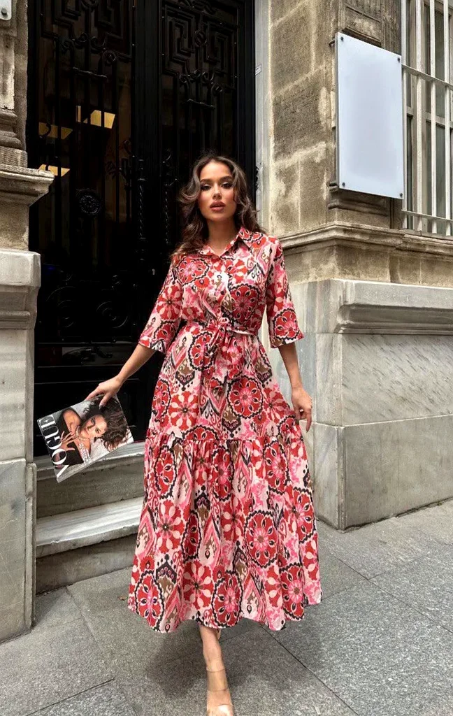 Zara Ikat Print Midi Dress in Pink63240125262851112