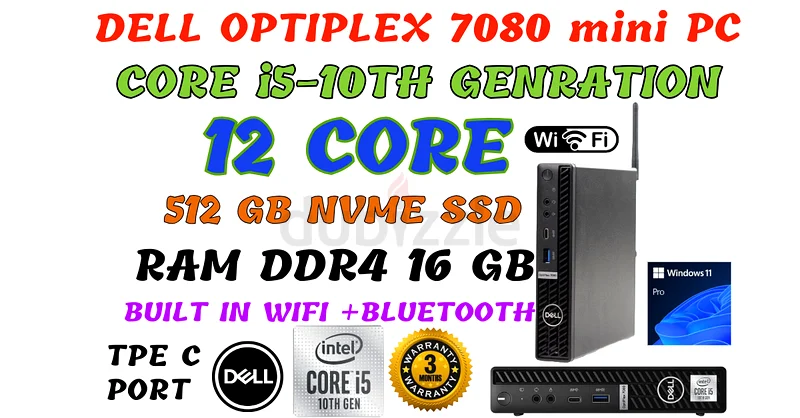 جهاز كمبيوتر صغير من ديل أوبتيبيكس 7080 من الجيل العاشر، بمعالج إنتل كور i5-10500T ذو 12 نواة، وذاكرة وصول عشوائي بسعة 16 جيجابايت، وقرص تخزين من نوع NVMe SSD بسعة 512 جيجابايت، مع واي فاي632660839618591125