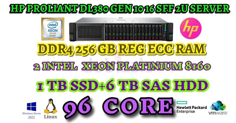 خادم 96 نواة HP DL380 Gen10 بحجم 2U مع 16 فتحة SFF - 256 جيجابايت رام - معالجان من إنتل إكسون بلوتينيوم 8160 - 1 تيرابايت SSD + 6 تيرابايت SAS63266083679746115