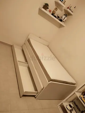 Iikea slakt bed with under bed frame  2 big storage drawers underneath and with 2 Ikea mattresses