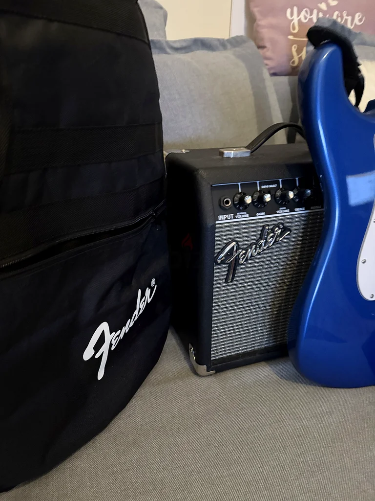 Fender Squier Electric Guitar Kit, Stratocaster, 15G Guitar Amp, Guitar Strap, and More63199131855234114