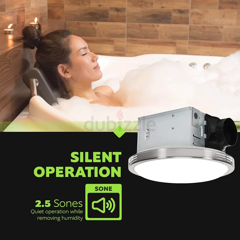 مروحة حمام Homewerks مع إضاءة LED، تركيب سقفي، تهوية عادم صامتة، 2.5 سون، 100 قدم مكعب في الدقيقة63178435714434114