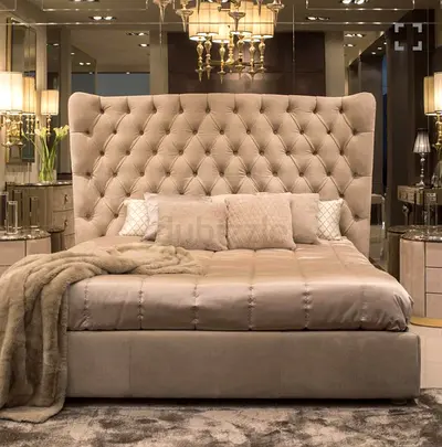 Luxurious Golden Velvet Fabric Tufted Bed with Grand Headboard and Plush Upholstery