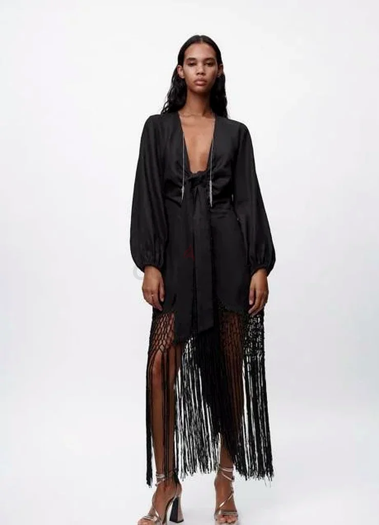 Zaras Limited Edition Black Linen Midi Dress With Front Knot63265101761793114
