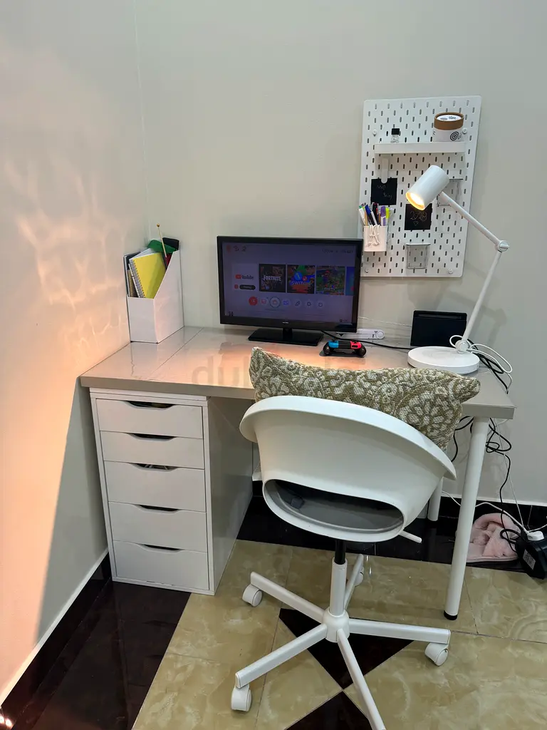 Stylish White Study Desk with Chair and Storage