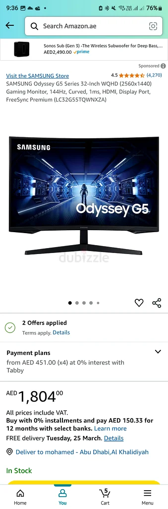 SAMSUNG Odyssey G5 Series 32-Inch WQHD (2560x1440) Gaming Monitor, 144Hz, Curved, 1ms, HDMI63256599411330112