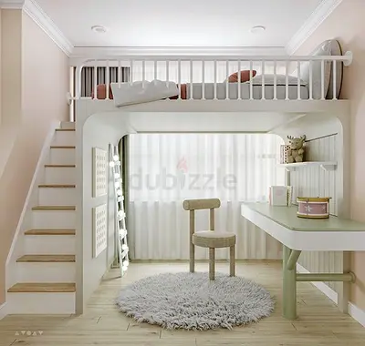 Charming Kids Loft Bed with Study Area and Soft Rug