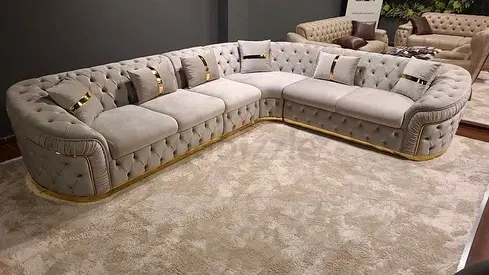 Luxurious L-Shaped Velvet Sofa with Gold Accents