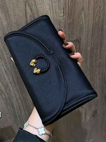 authentic Vintage Bvlgari Black Satin Leoni Flap Clutch handbag for event daily use elegant
