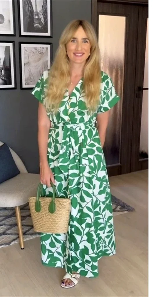 Zara Printed Midi Dress in Green With Matching Belt63240637292163111
