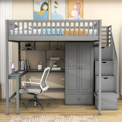 Stylish Gray Loft Bed with Desk and Storage