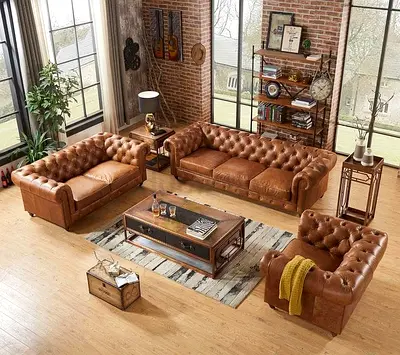 Luxurious Vintage Leather Chesterfield Sofa Set - Perfect for Stylish Living Rooms