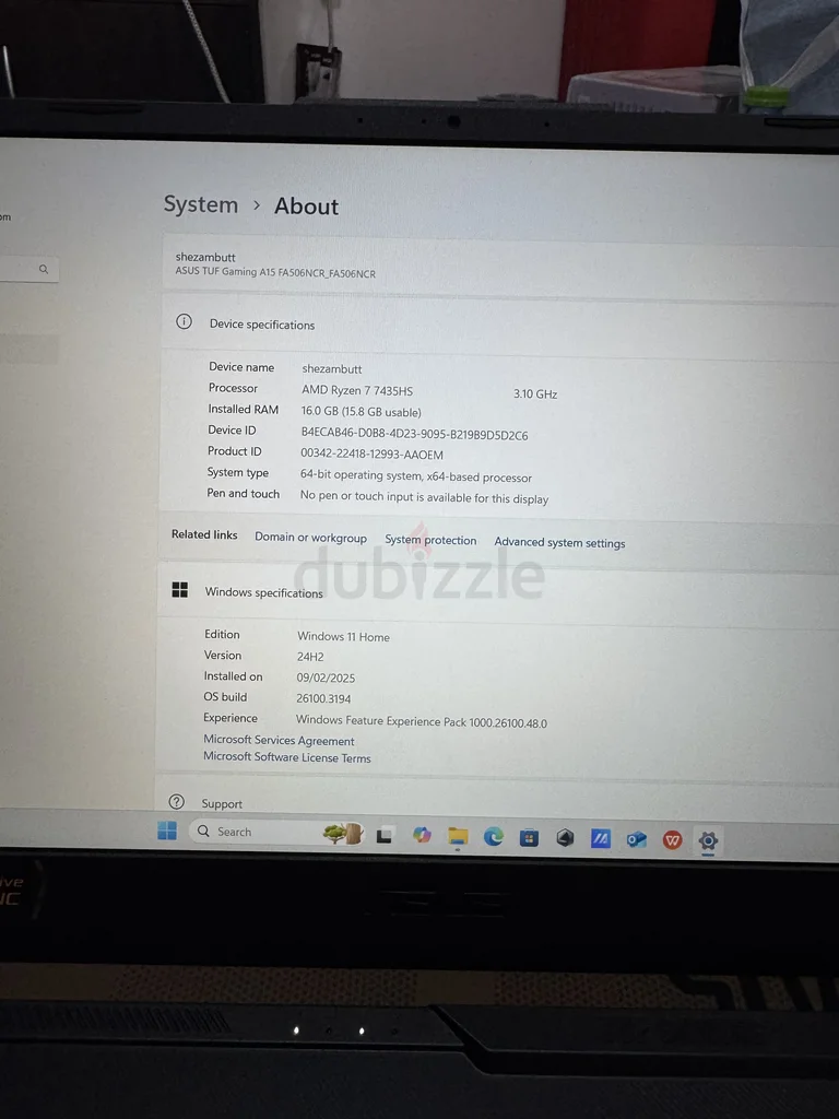 جهاز لابتوب TUF Gaming A15 FA506NCR-HN044W بشاشة 15.6 بوصة بمعدل تحديث 144 هرتز، ومعالج AMD Ryzen 7-7435HS/162863829820803113
