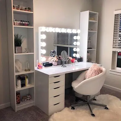 Glamorous White Makeup Vanity Set with LED Mirror