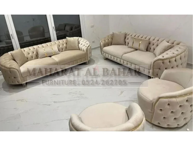 أريكة من الصوف البيج الأنيقة بتطريز ذهبي، 7 مقاعد جديدة كليًا628638207688981123