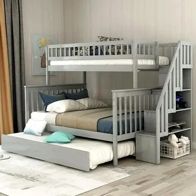 Stylish Grey Bunk Bed with Trundle - Perfect for Kids Rooms!