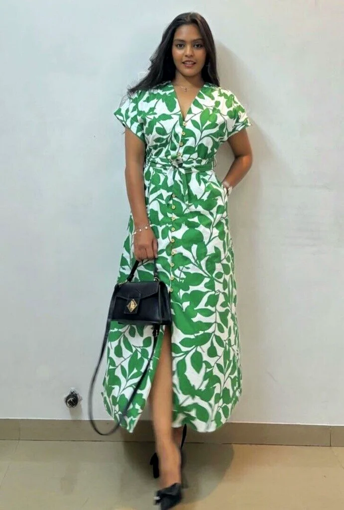 Zara Printed Midi Dress in Green With Matching Belt63240637292163114