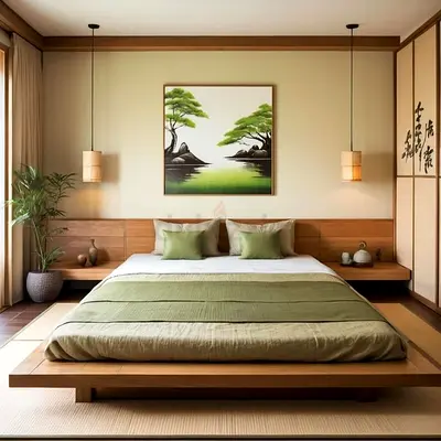 Serene Japanese-Inspired Bedroom Set - A Touch of Tranquility