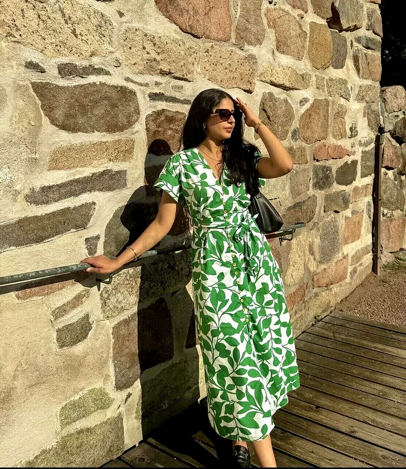 Zara Printed Midi Dress in Green With Matching Belt63240637292163113