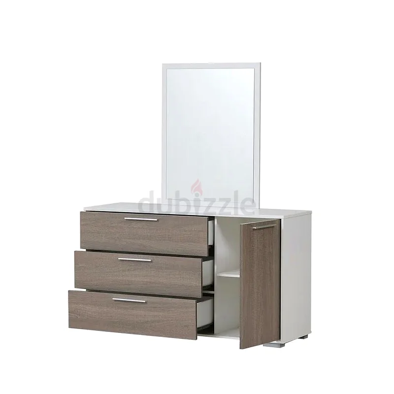 Modern Alder Dresser with Mirror – Beige  White Finish, 3 Drawers + 1 Cabinet63220831140099111