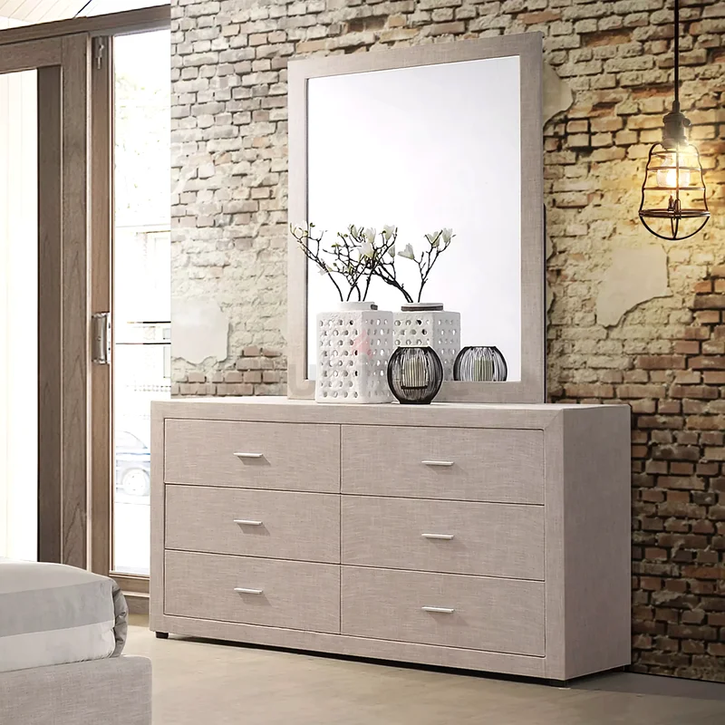 Modern 6-Drawer Dresser with Mirror in Textured Beige Finish – Contemporary Bedroom Storage63220831147267112