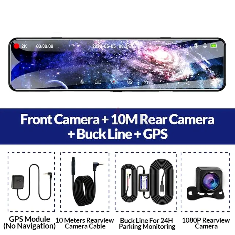 E-ACE IPS Touch Car DVR HD Stream Medica Mirror Dash Cam Auto Recorder Dual Lens GPS HD Rear Camera