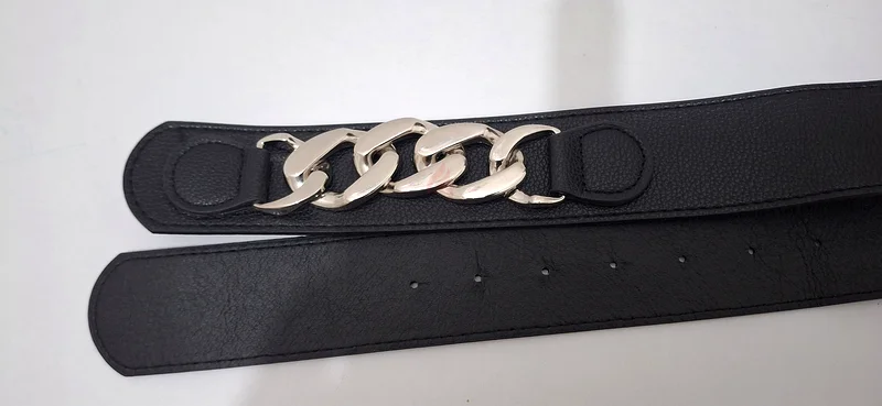 Stylish Black Leather Belt with Silver Chain Accent632396073212181120