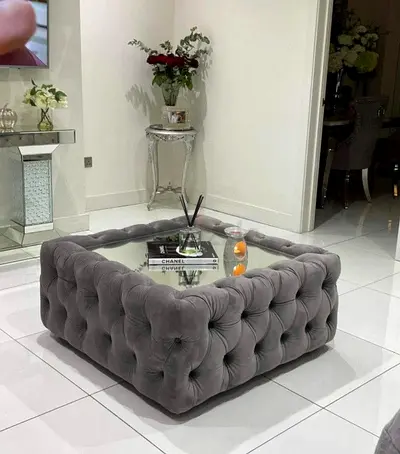 Elegant Gray Velvet Coffee Table with Glass Top