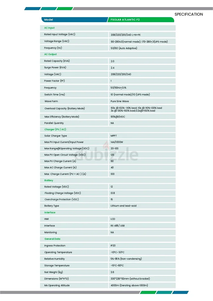 العاكس الشمسي FSolar Atlantic F2 2000 فولت أمبير 12 فولت MPPT مع جهاز تحكم شحن شمسي 60 أمبير63258141461378113