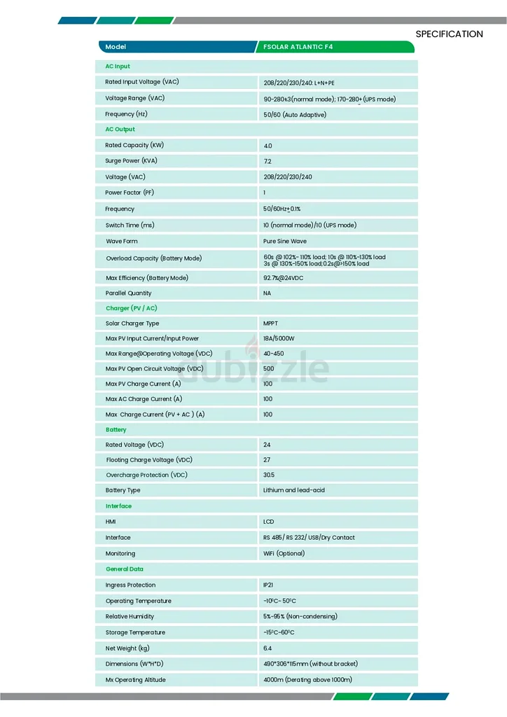 العاكس الهجين للطاقة الشمسية FSolar Atlantic F4 4000 فولت-أمبير 24 فولت مع وحدة تحكم شحن شمسية MPPT 100 أمبير63258141440771113