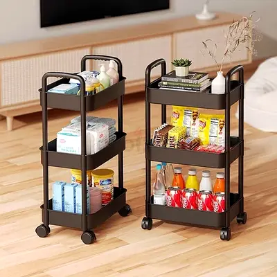 3 TIER UTILITY ROLLING CART, MULTIFUNCTIONAL ROLLING STORAGE TROLLEY, SLIM SHAPE STORAGE CART, BLACK