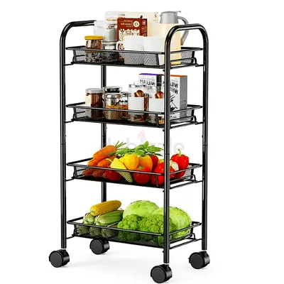 4 Tier Rolling Cart, Kitchen Storage Utility Cart, Multifunction Storage for Kitchen  Bathroom