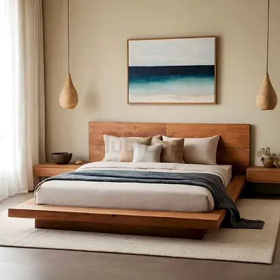 Stylish Modern Wooden Bed Frame with Cozy Bedding