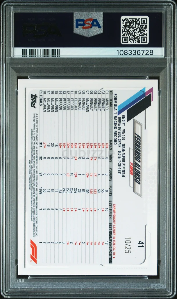 2021 TOPPS CHROME FORMULA 1 ORANGE WAVE REFRACTOR FERNANDO ALONSO 10/25 PSA 1063208861020930111