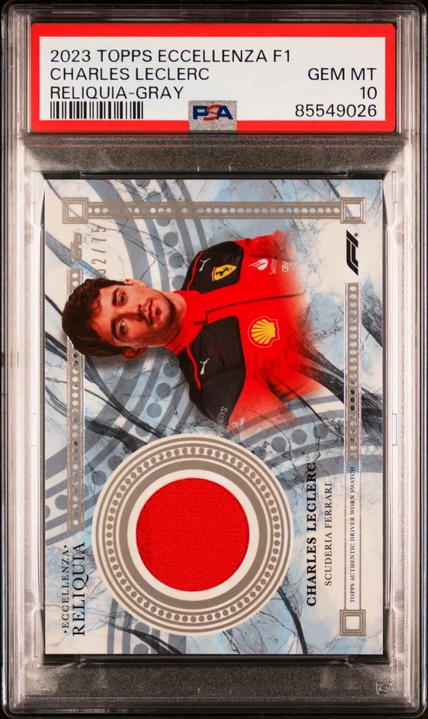 2023 TOPPS ECCELLENZA FORMULA 1 RELIQUIA GRAY CHARLES LECLERC 52/75 PSA 1063208861014017110