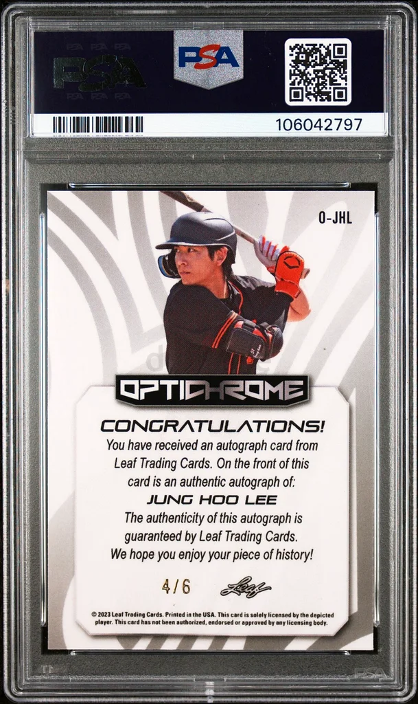 2023 LEAF ECLECTIC OPTICHROME AUTOS PURPLE #OJHL JUNG HOO LEE 4/6 PSA 963225742830210111